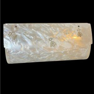 Rare Vintage Llewellyn Inc NYC Pearlized Lucite Clutch w/ Gold Bees/Crystals